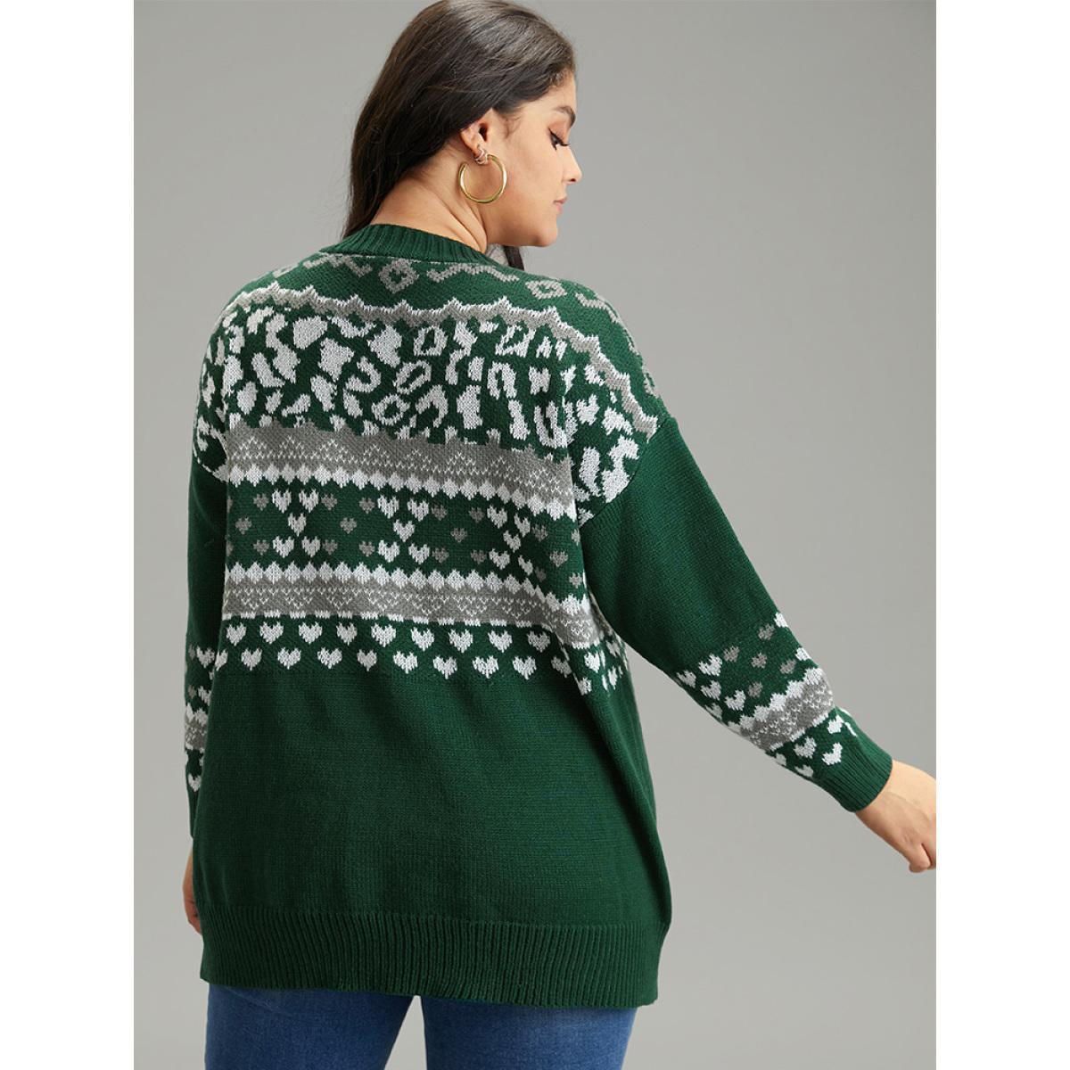 Plus Size Christmas Jacquard Button Up Pocket Cardigan DarkGreen Women Casual Loose Long Sleeve Festival-Christmas Cardigans BloomChic 28/5X Product Image