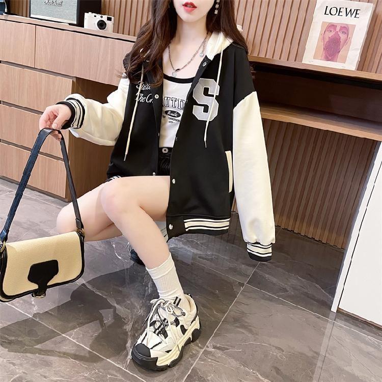 Lettering Embroidered Hooded Button-Up Baseball Jacket Product Image