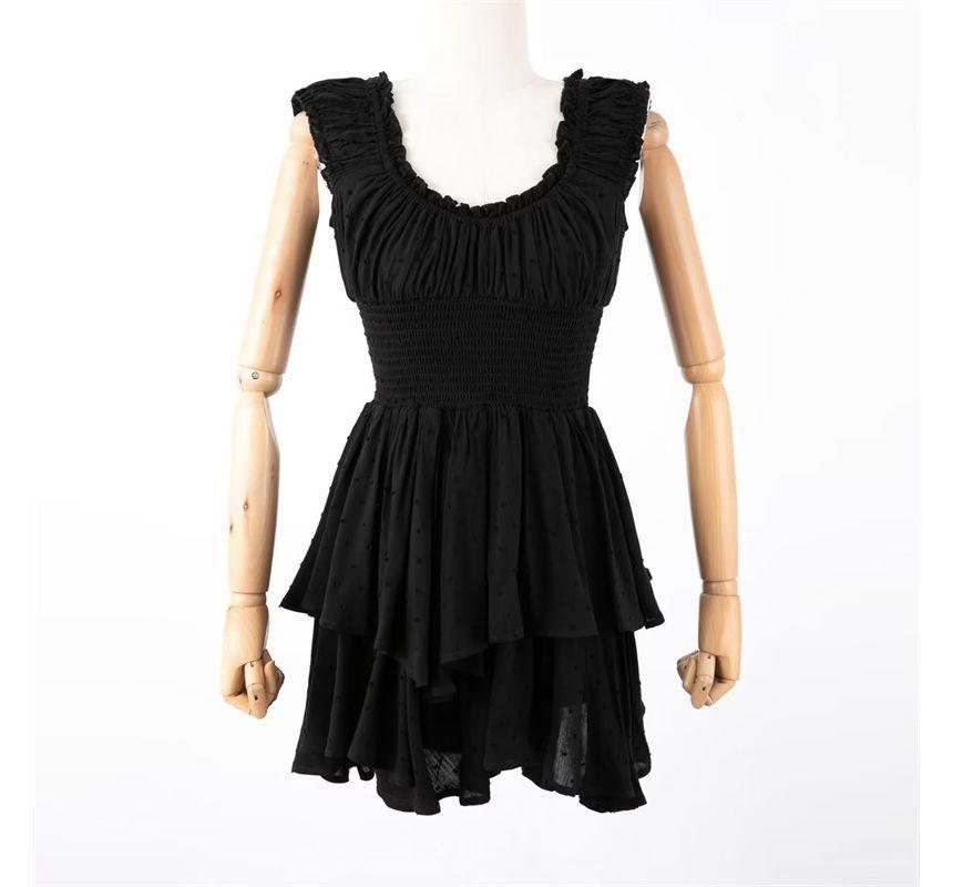 Sleeveless Scoop Neck Plain Asymmetrical Jacquard Smocked Layered Mini A-Line Dress Product Image