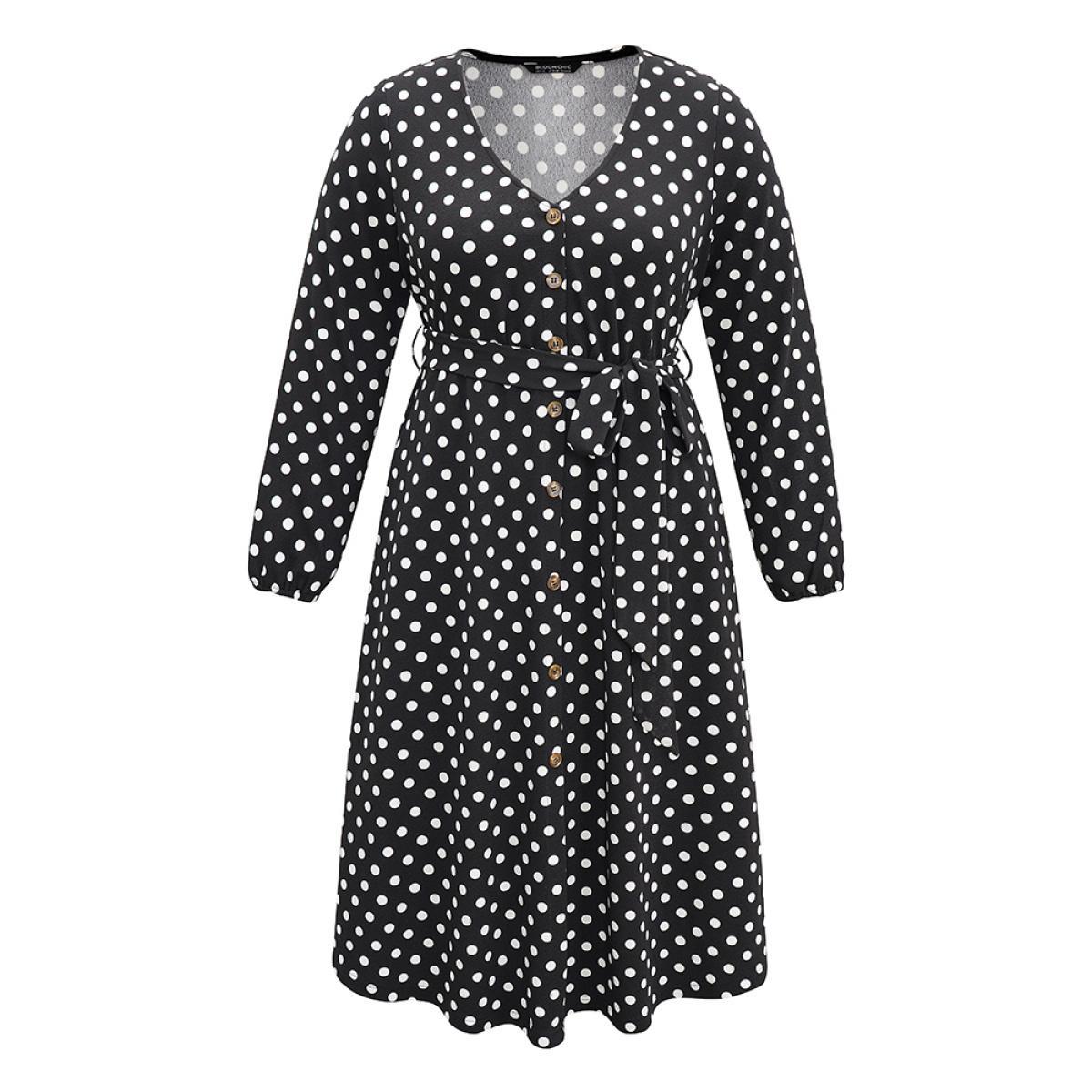 Plus Size Polka Dot Lantern Sleeve Belted Button Detail Dress Black Women Office Elastic cuffs V-neck Long Sleeve Curvy Midi Dress BloomChic 10/M Product Image