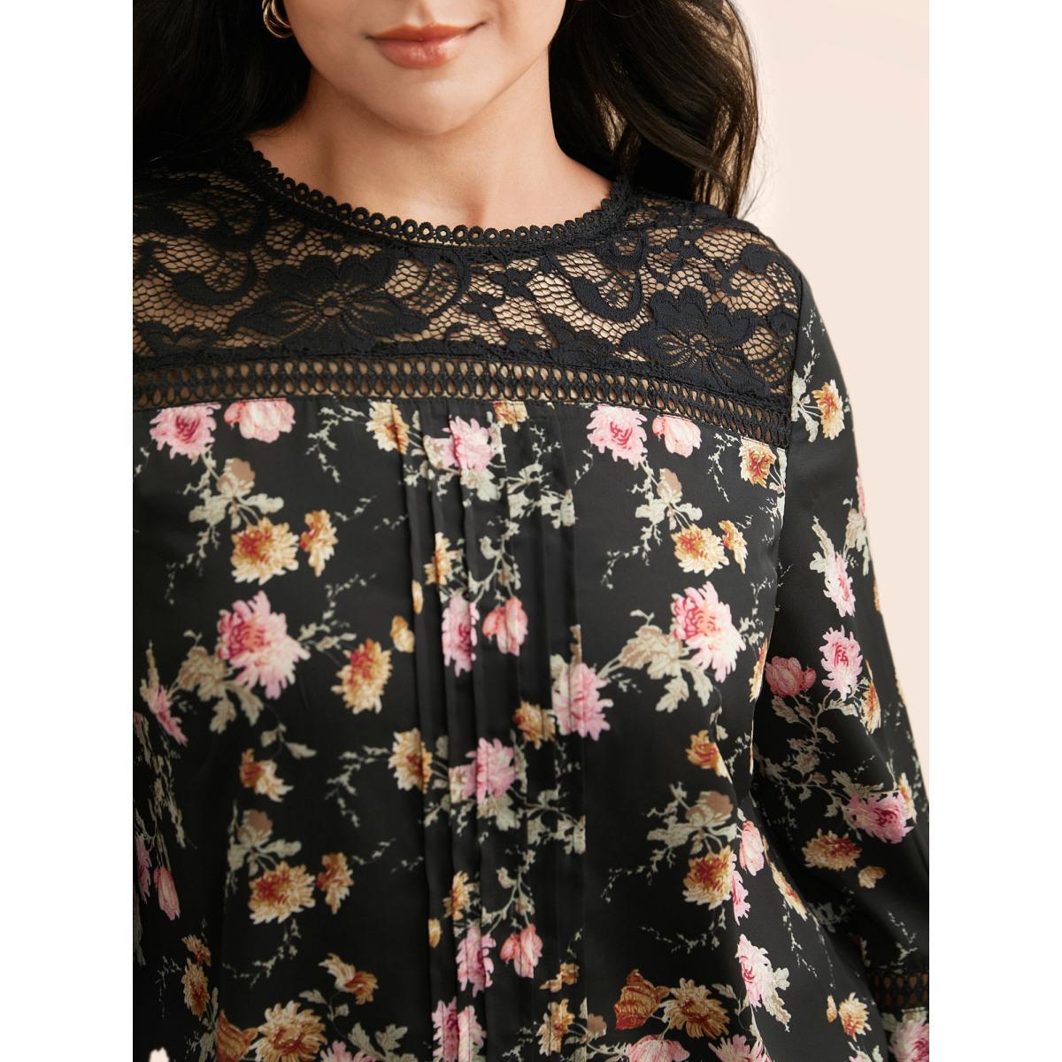 Plus Size Black Floral Lace Panel Lantern Sleeve Blouse Women Elegant Long Sleeve Round Neck Everyday Blouses BloomChic 10/M Product Image