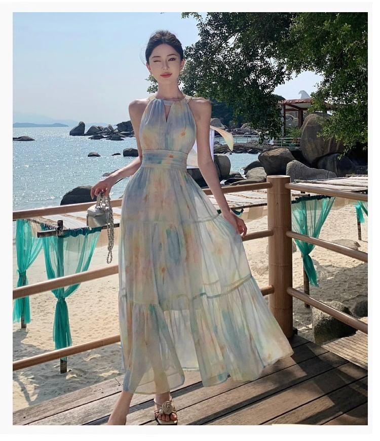 Halter Neck Sleeveless Tie Dye Midi A-Line Dress Product Image