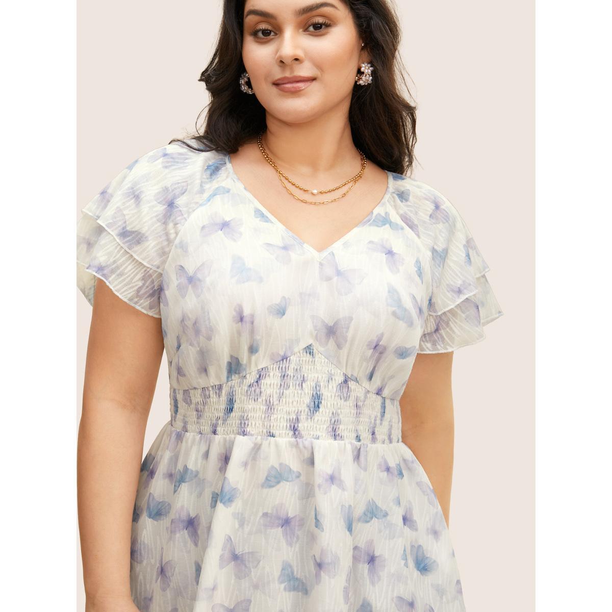 Plus Size Lavender V Neck Butterfly Tiered Ruffles Shirred Blouse Women Elegant Short sleeve V-neck Everyday Blouses BloomChic 14-16/1X Product Image