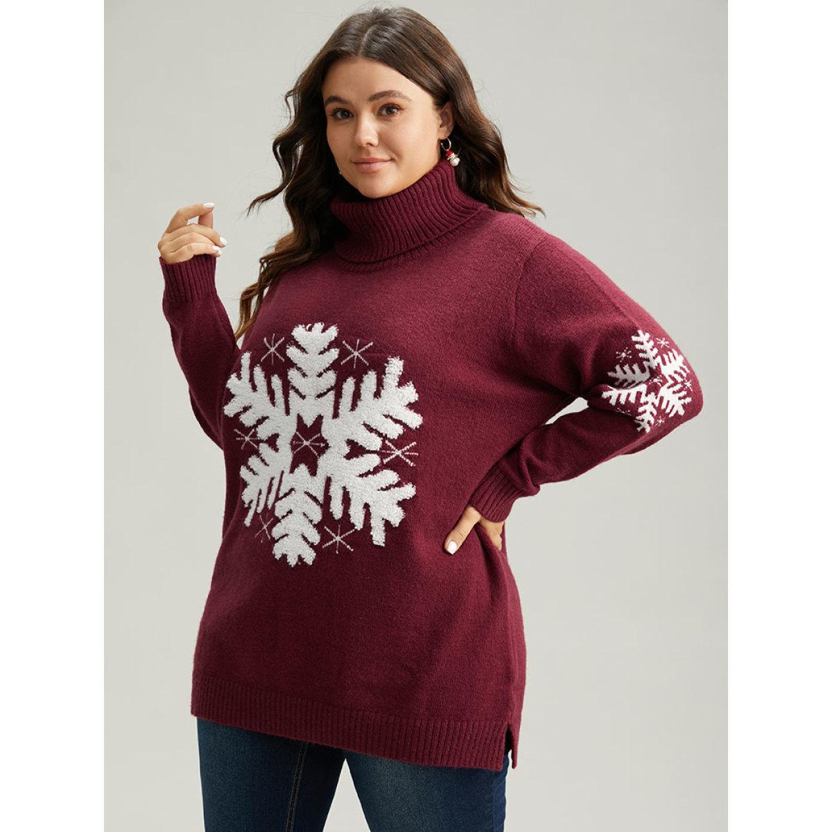 Plus Size Snowflake Turtle Neck Fuzzy Pullover Scarlet Women Casual Loose Long Sleeve Turtleneck Festival-Christmas Pullovers BloomChic 26/4X Product Image