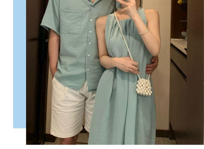 Couple Matching Sleeveless Crew Neck Plain Midi A-Line Dress / Short-Sleeve Lapel Collar Shirt / Mid Rise Shorts / Set Product Image