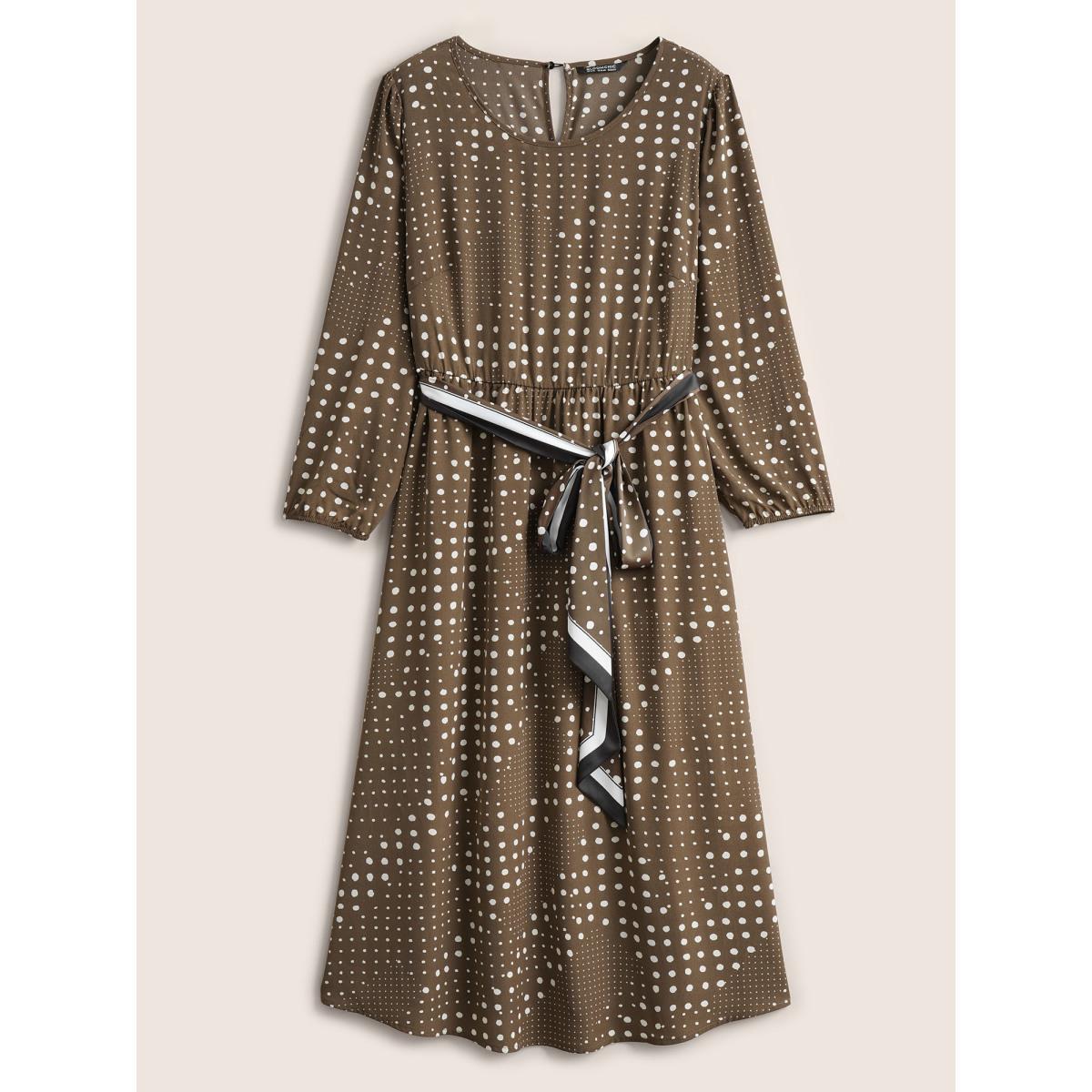 Plus Size Polka Dot Scarf Belted Keyhole Lantern Sleeve Dress DarkBrown Women At the Office Non Round Neck Long Sleeve Curvy Midi Dress BloomChic 10/M Product Image