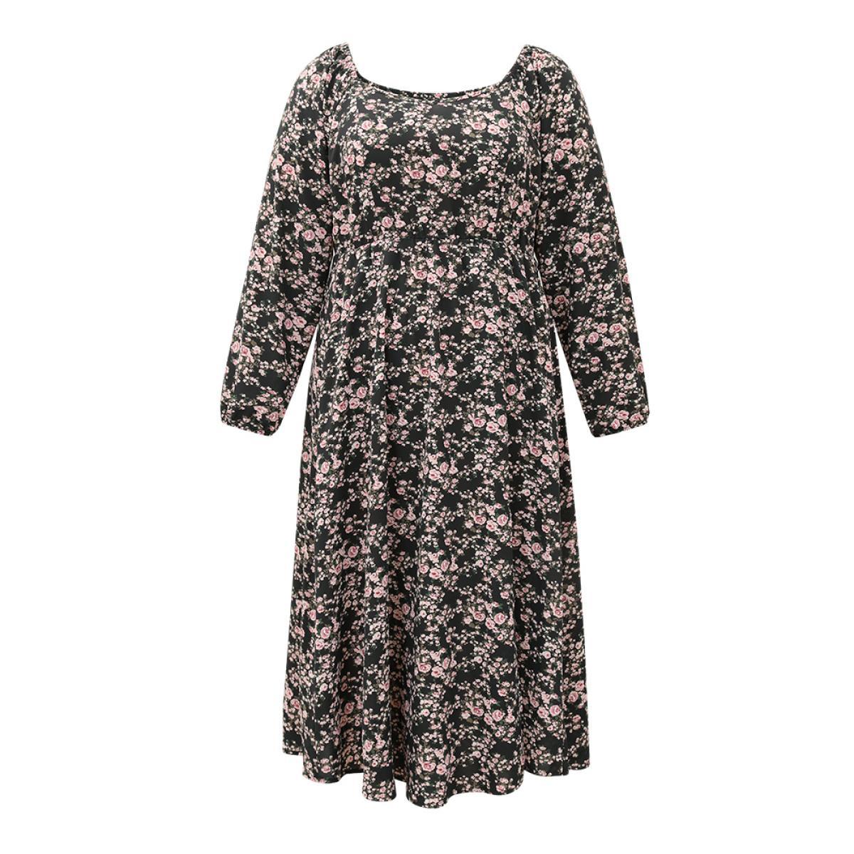 Plus Size Ditsy Floral Pocket Plicated Detail Split Side Dress Black Women Elegant Elastic cuffs Square Neck Long Sleeve Curvy Midi Dress BloomChic 28/5X Product Image