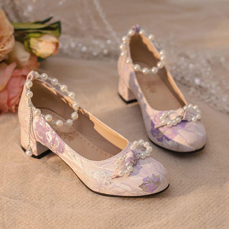 Faux Pearl Ankle Strap Jacquard Pumps Product Image