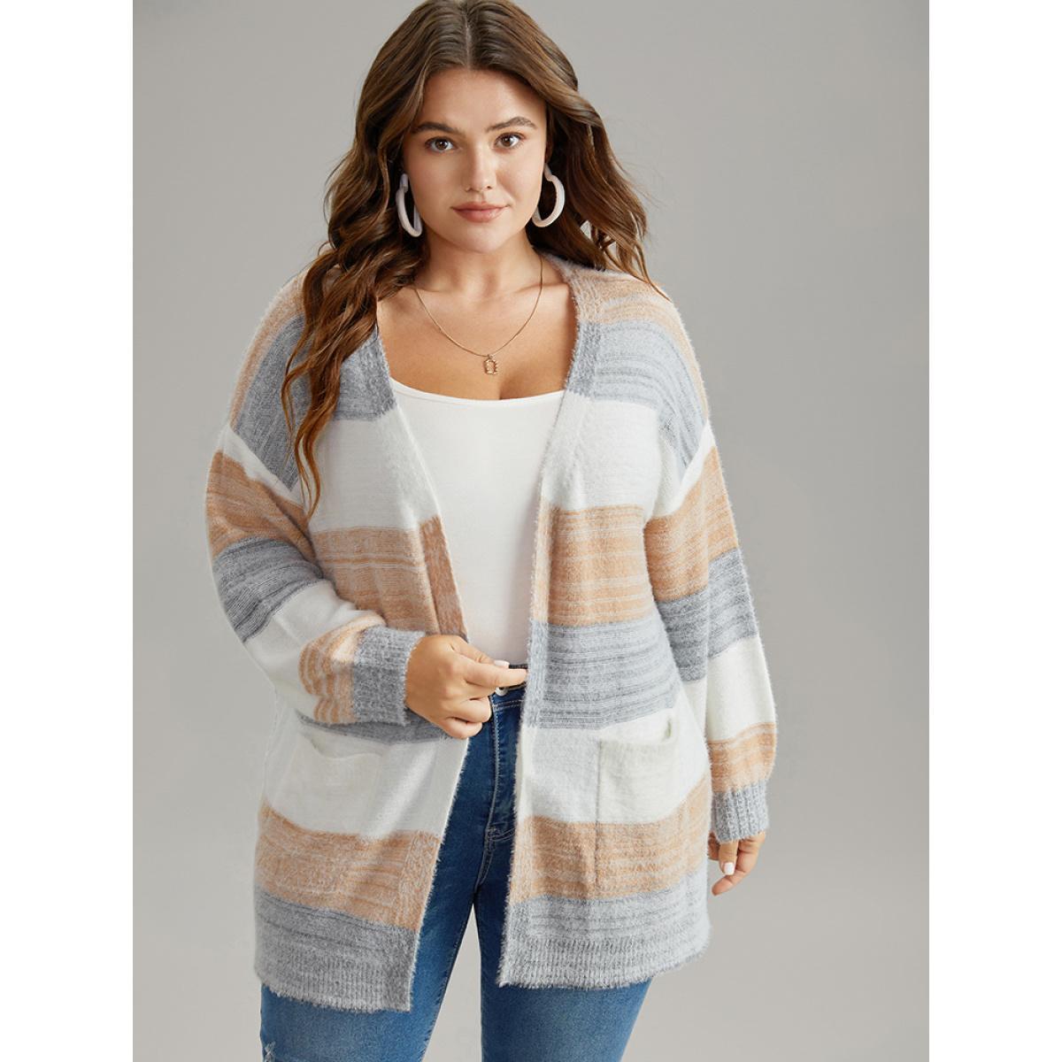 Plus Size Fuzzy Colorblock Heather Drop Shoulder Cardigan Multicolor Women Casual Loose Long Sleeve Dailywear Cardigans BloomChic 26/4X Product Image