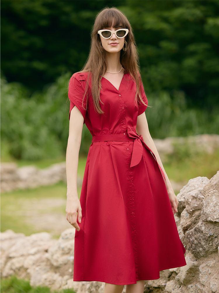 Petal Sleeves Gathered Waist V-Neck Women Midi Dress With Belt Product Image