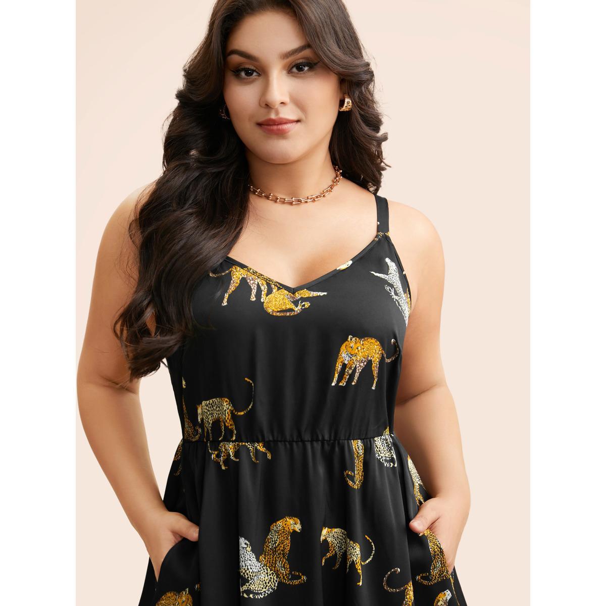 Plus Size Animal Print Elastic Waist Cami Dress Black Women Elegant Non V-neck Sleeveless Curvy BloomChic 26/4X Product Image