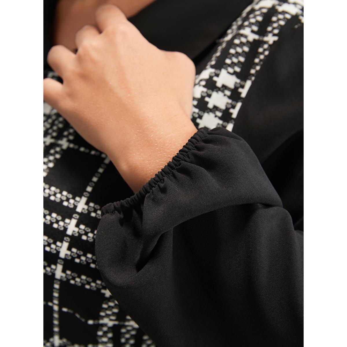 Plus Size Black Plaid Patchwork Lantern Sleeve Ruffle Hem Blouse Women Office Long Sleeve Lapel Collar Work Blouses BloomChic 30/6X Product Image