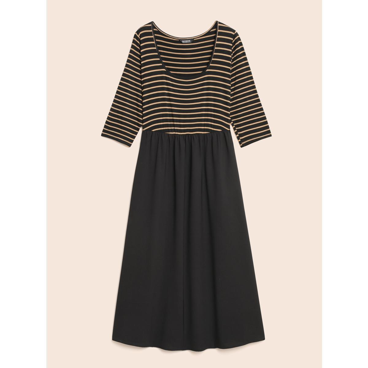 Plus Size Square Neck Striped Patchwork Midi Dress Black Women Casual Patchwork Round Neck Elbow-length sleeve Curvy BloomChic 26/4X Product Image