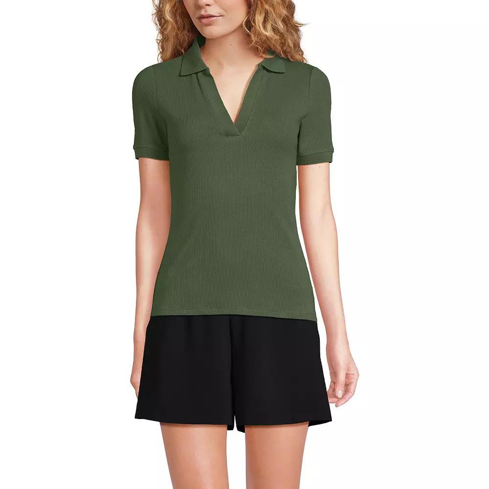 Women's Lands' End V-Neck Short Sleeve Polo, Size: Large, Ivory Dual Stripe Product Image
