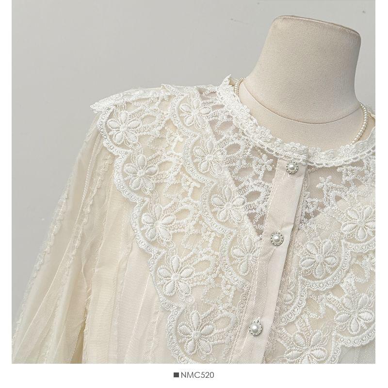 Lace-Panel Round-Neck Shirt Product Image