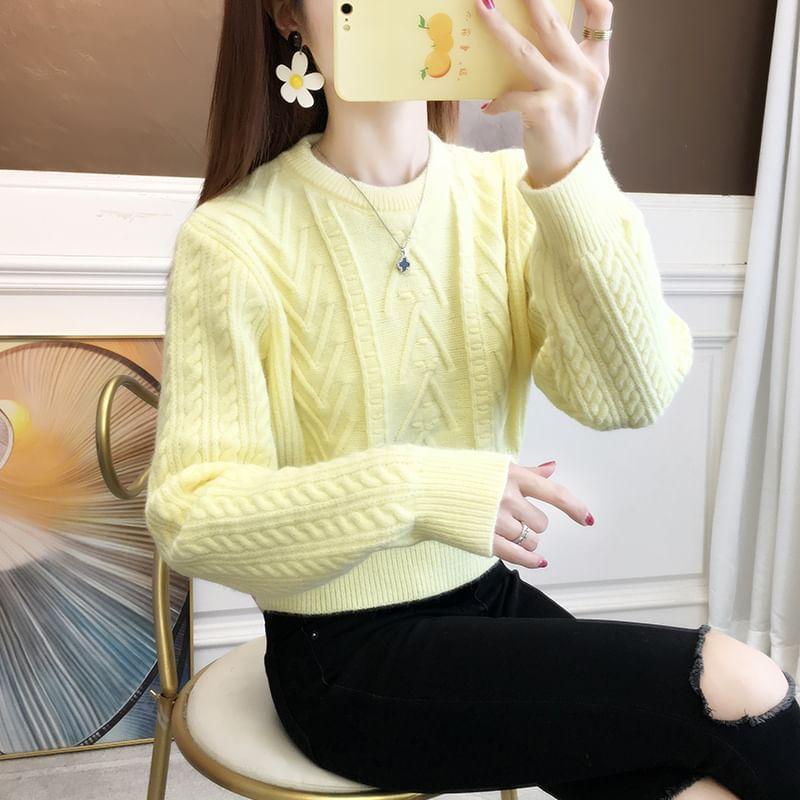 Crew Neck Plain Cable Knit Crop Sweater Product Image