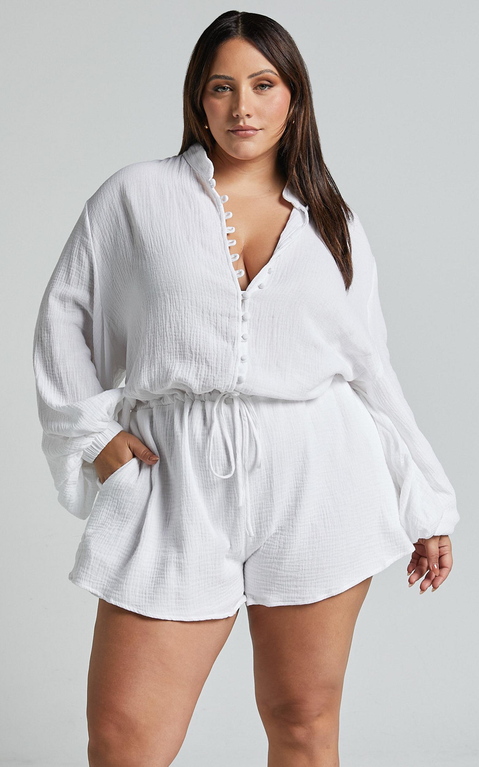 Laylani Playsuit - V Neck Puff Sleeve in White Product Image