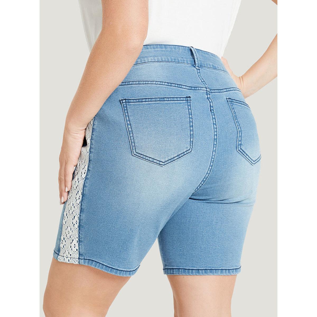 Plus Size Very Stretchy High Rise Light Wash Contrast Lace Denim Shorts Women LightBlue High stretch Dailywear Casual Denim Shorts BloomChic 10/M Product Image