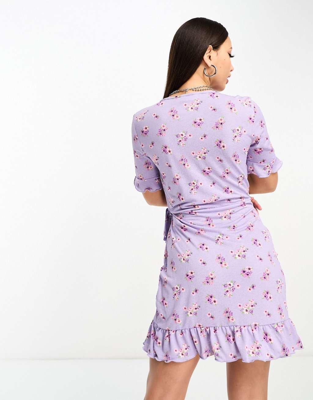 JDY Tall exclusive wrap mini tea dress in lilac vintage floral Product Image