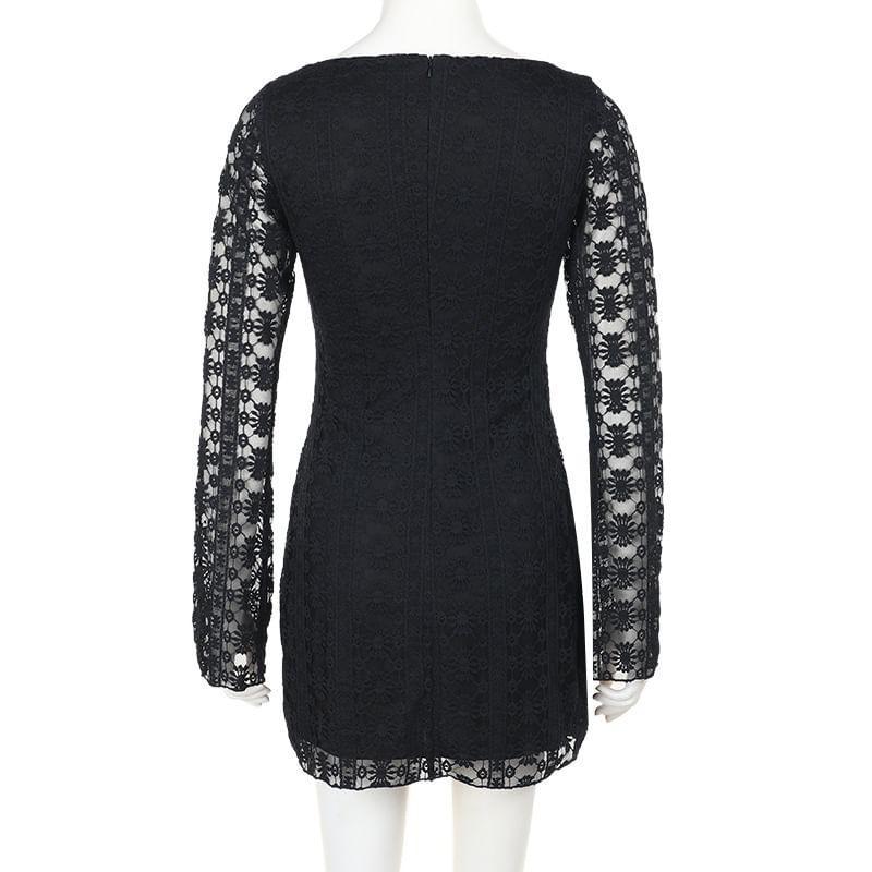 Long Sleeve Boat Neck Floral Lace Mini Bodycon Dress Product Image