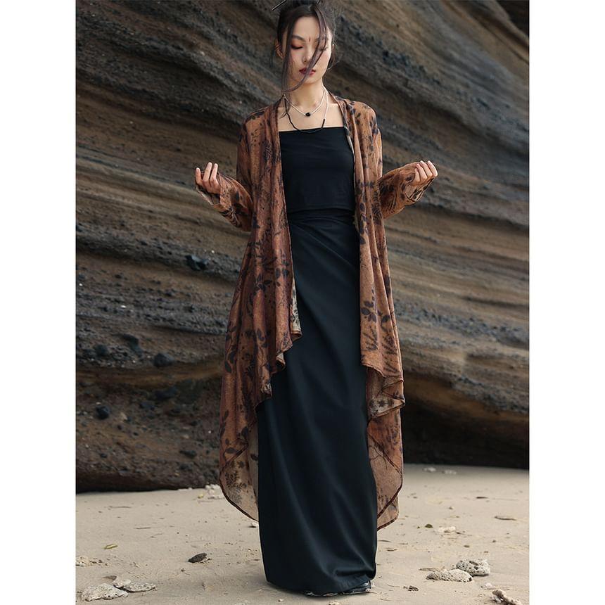 High Waist Plain Slit Maxi Pencil Wrap Skirt Product Image