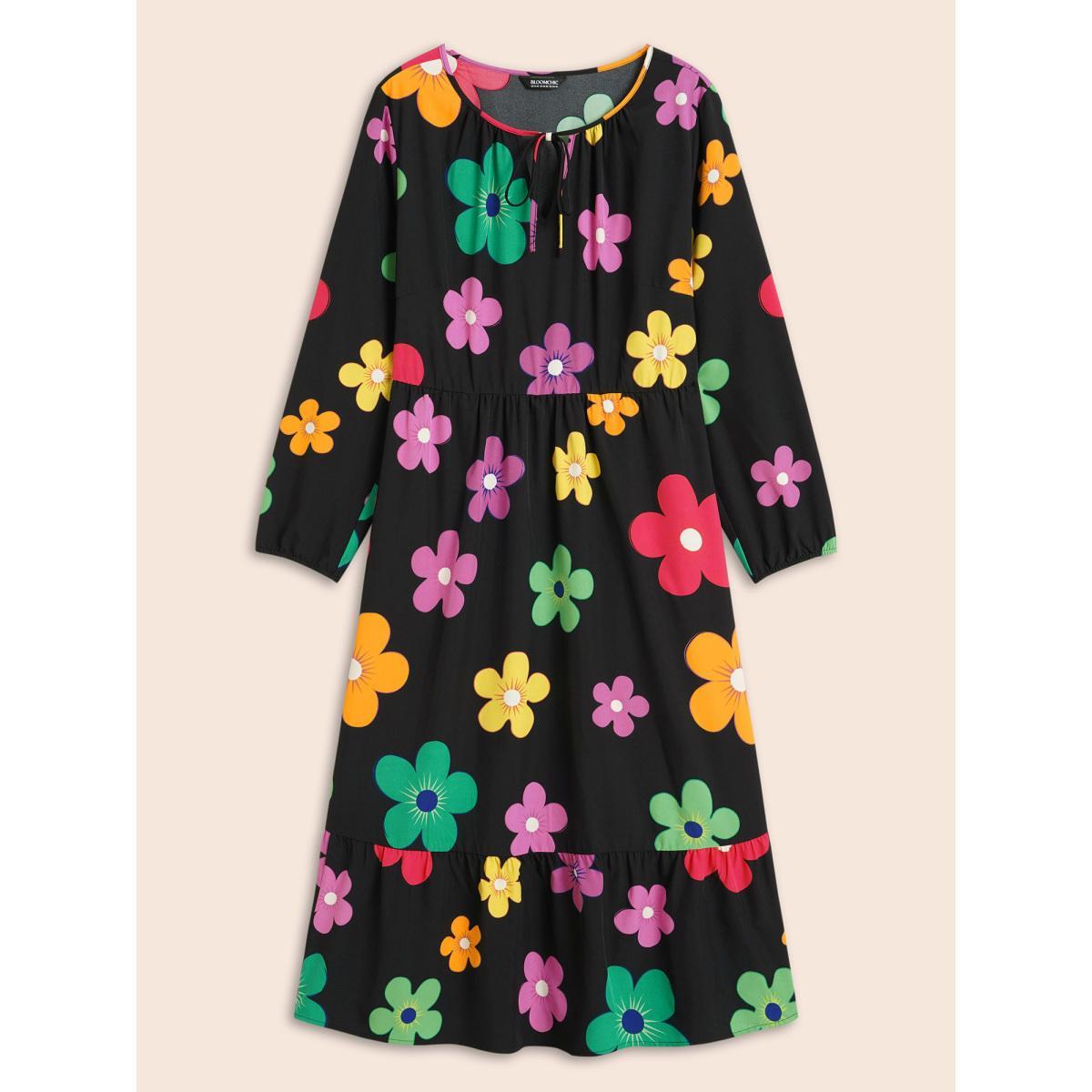 Plus Size Colored Floral Tie Knot Midi Dress Black Women Casual Tie knot Round Neck Long Sleeve Curvy BloomChic 14-16/1X Product Image