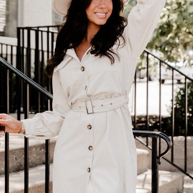 No Expectations Cream Corded Long Sleeve Belted Mini Dress FINAL SALE Product Image