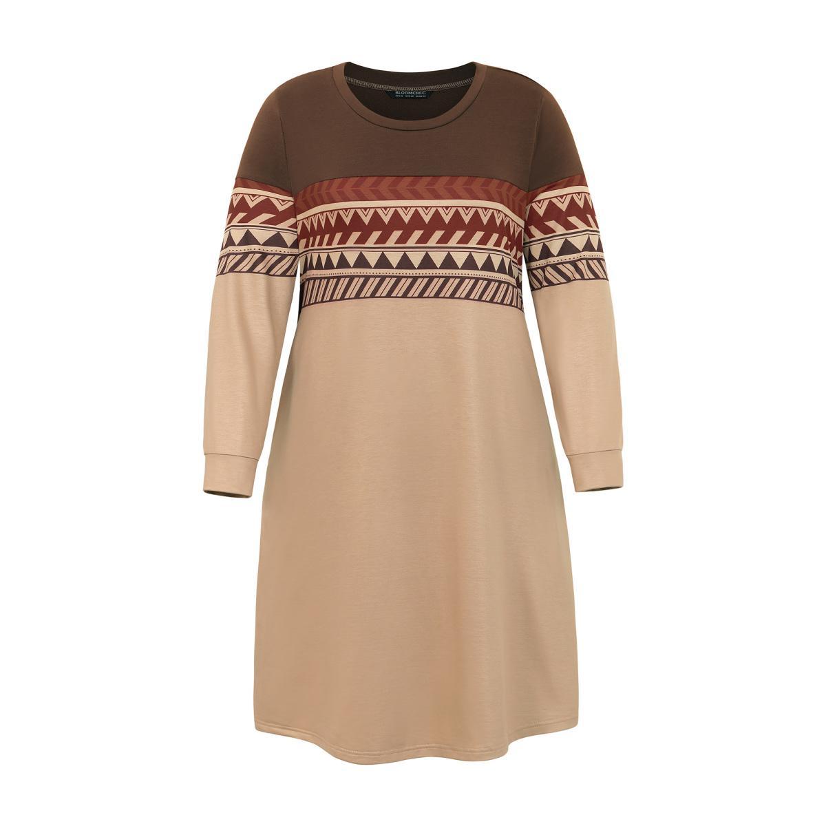 Plus Size Geometric Colorblock Pocket Midi Dress DarkBrown Women Casual Printed Round Neck Long Sleeve Curvy Midi Dress BloomChic 30/6X Product Image