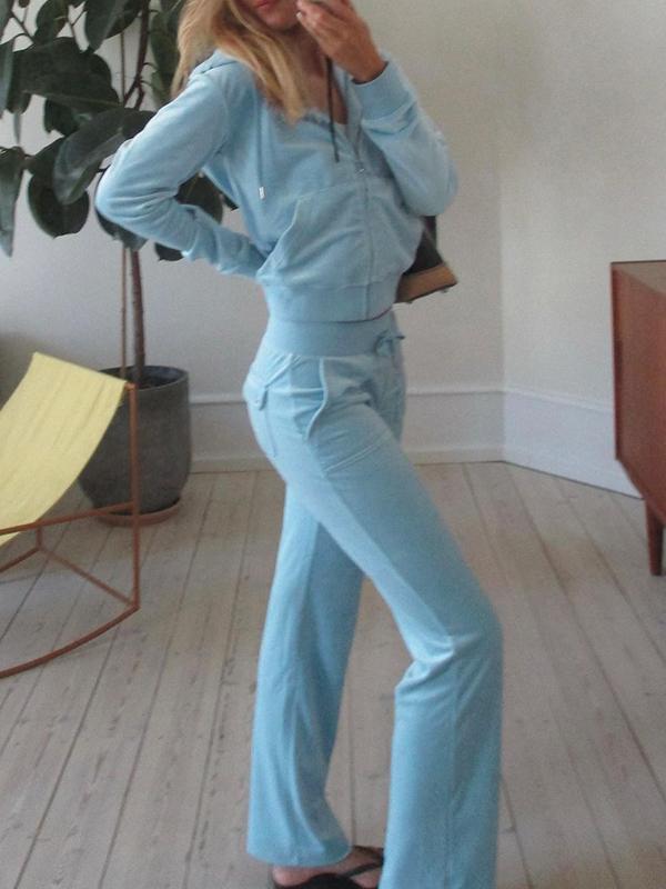 Solid Velvet Zip Up Hoodie & Flap Pocket Pants Set Product Image