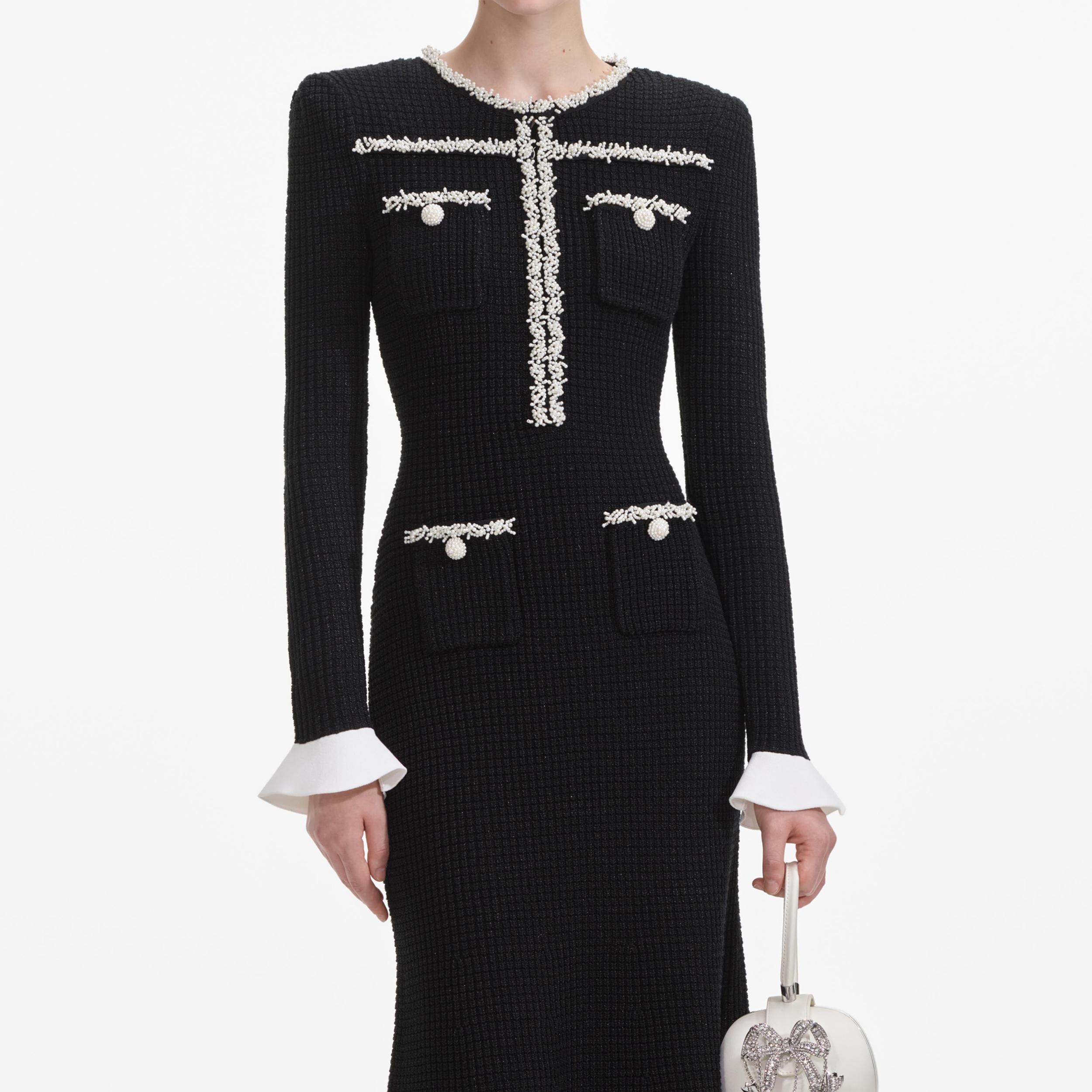 Black Pearl Trim Knit Midi Dress Product Image