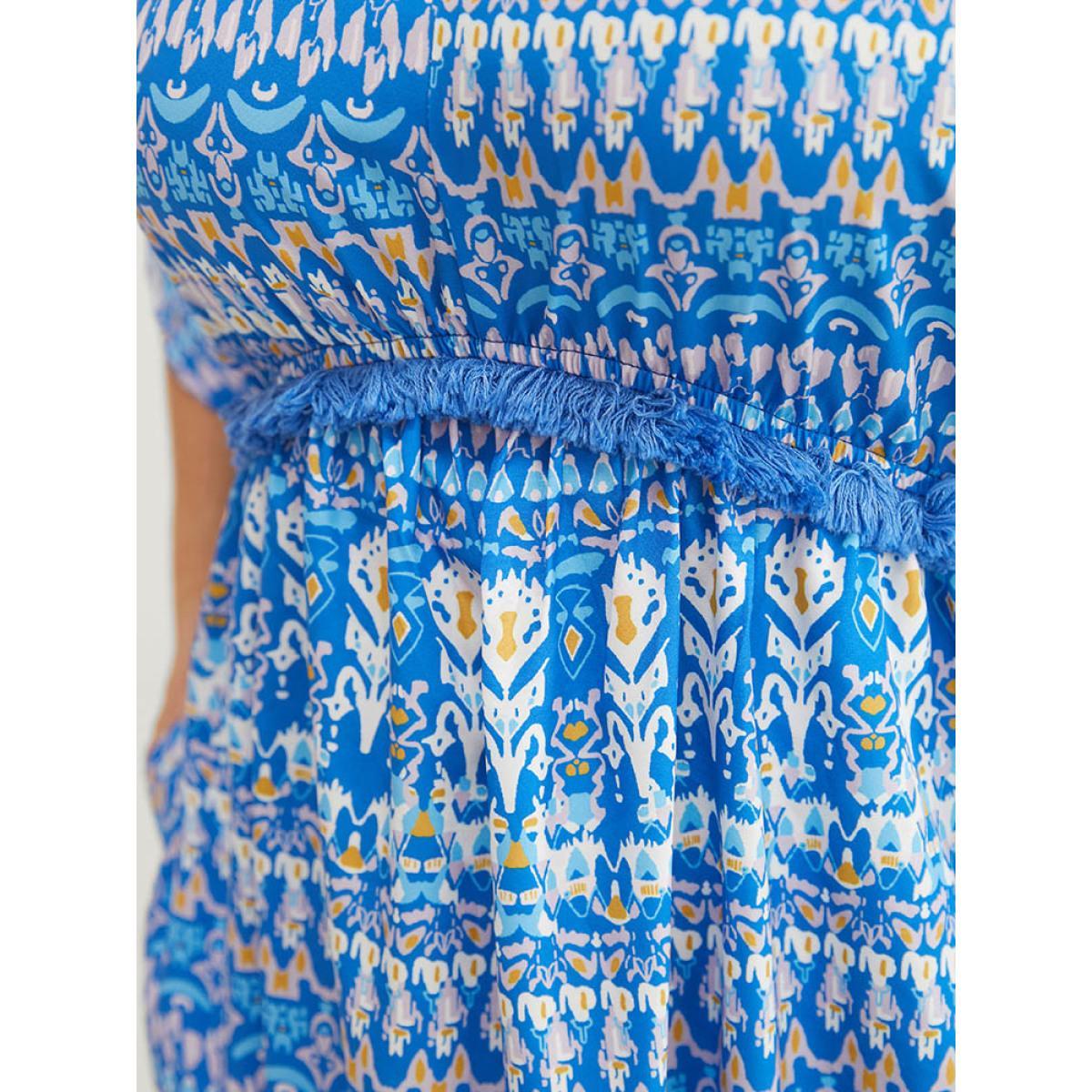 Plus Size Bandana Print Dolman Sleeve Knot Fringe Trim Split Dress Blue Women Vacation Tassels V-neck Short sleeve Curvy Midi Dress BloomChic 22-24/3X Product Image