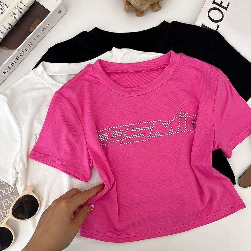 Short-Sleeve Round Neck Lettering Rhinestone T-Shirt Product Image