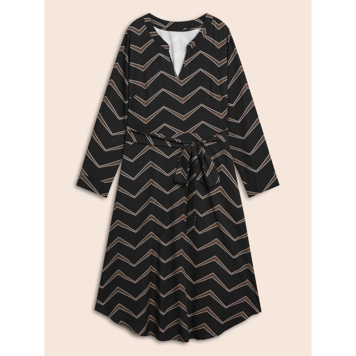 Plus Size Geometric Notched Belted Midi Dress Black Women At the Office Belted Flat collar with V-notch Long Sleeve Curvy BloomChic 28/5X Product Image