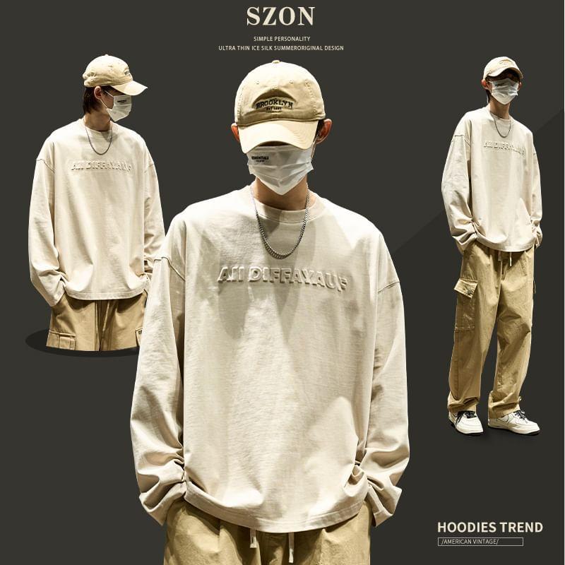 Long-Sleeve Crew Neck Lettering Embossed T-Shirt Product Image