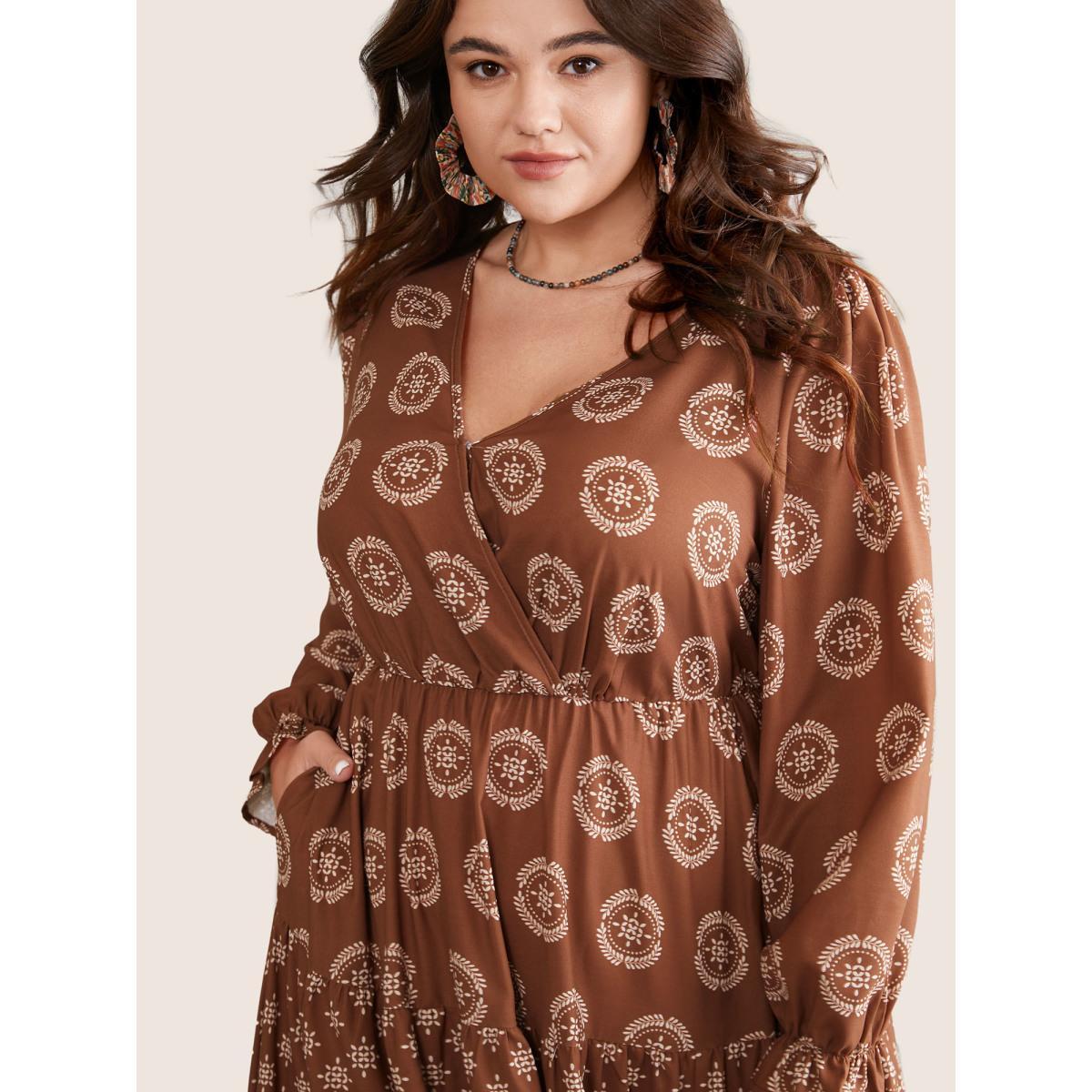 Plus Size Geometric Wrap Ruffle Layered Hem Dress Chocolate Women Vacation Wrap Overlap Collar Long Sleeve Curvy Midi Dress BloomChic 28/5X Product Image