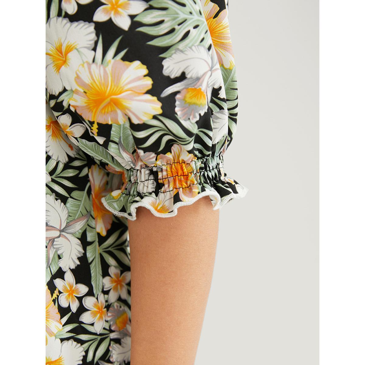 Plus Size BlackFlower Tropical Print Puff Sleeve Ruffles Trim Square Neck Blouse Women Vacation Elbow-length sleeve Square Neck Dailywear Blouses BloomChic 14-16/1X Product Image