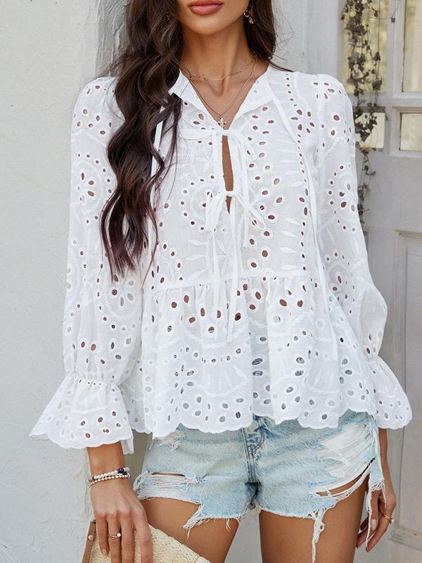 Long Sleeves Loose Elasticity Hollow Pleated Solid Color Tied Round-Neck Blouses&Shirts Tops Product Image