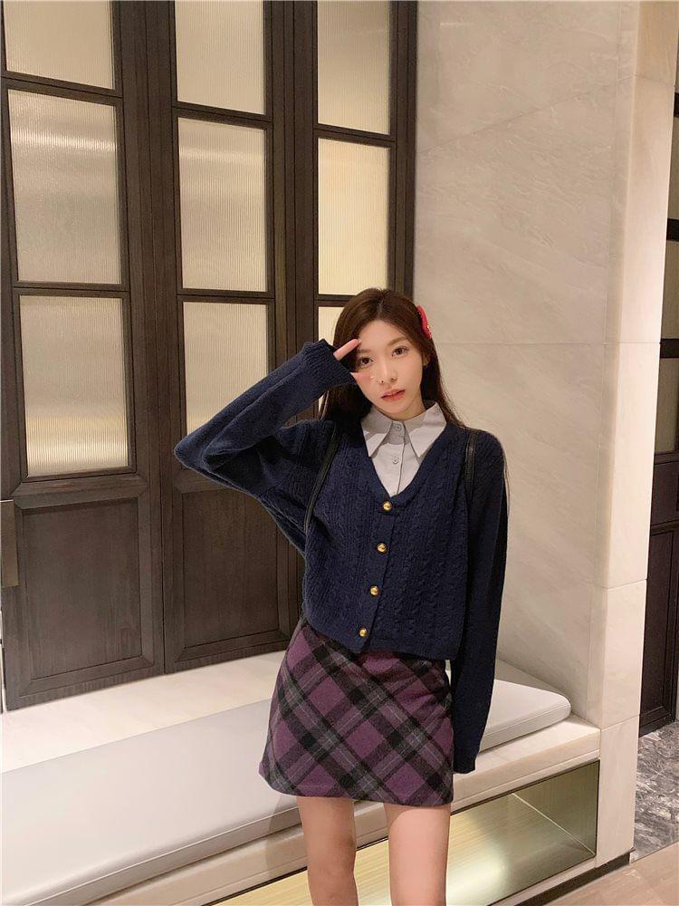 Mock Two-Piece Collar Cable Knit Cardigan / High Rise Plaid Mini Pencil Skirt Product Image