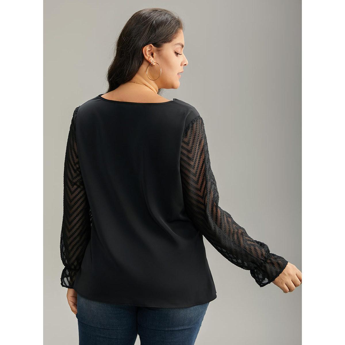 Plus Size Black Patchwork Mesh Texture Cowl Neck Blouse Women Office Long Sleeve Cowl Neck Work Blouses BloomChic 28/5X Product Image