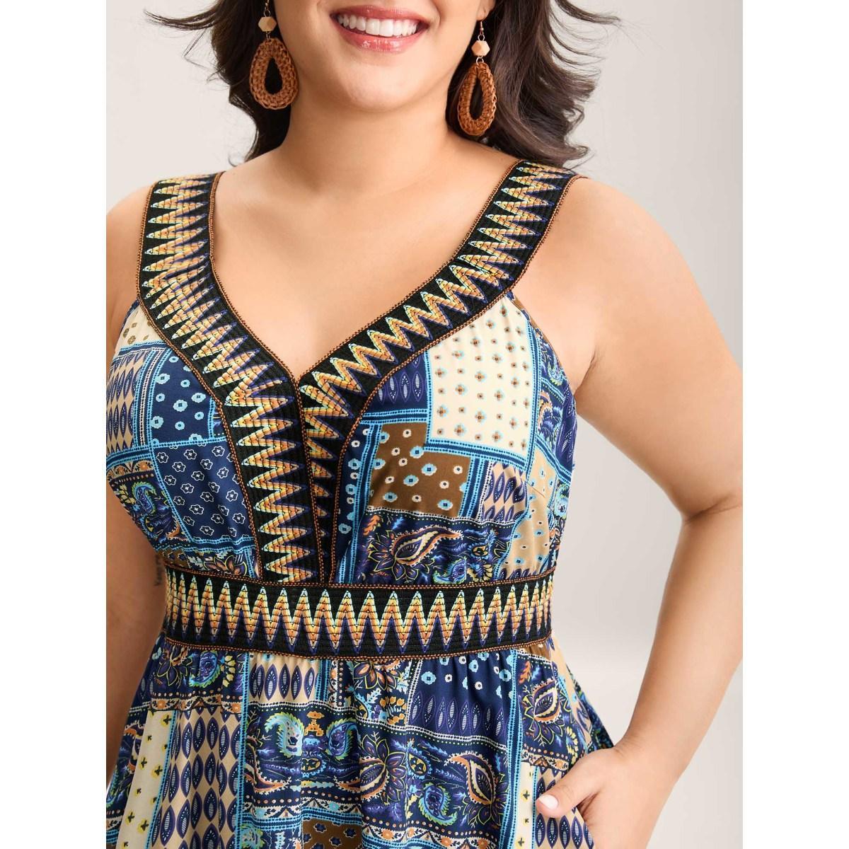Plus Size Boho Print Webbed Neck Midi Dress Navy Women V-neck Sleeveless Curvy BloomChic 22-24/3X Product Image