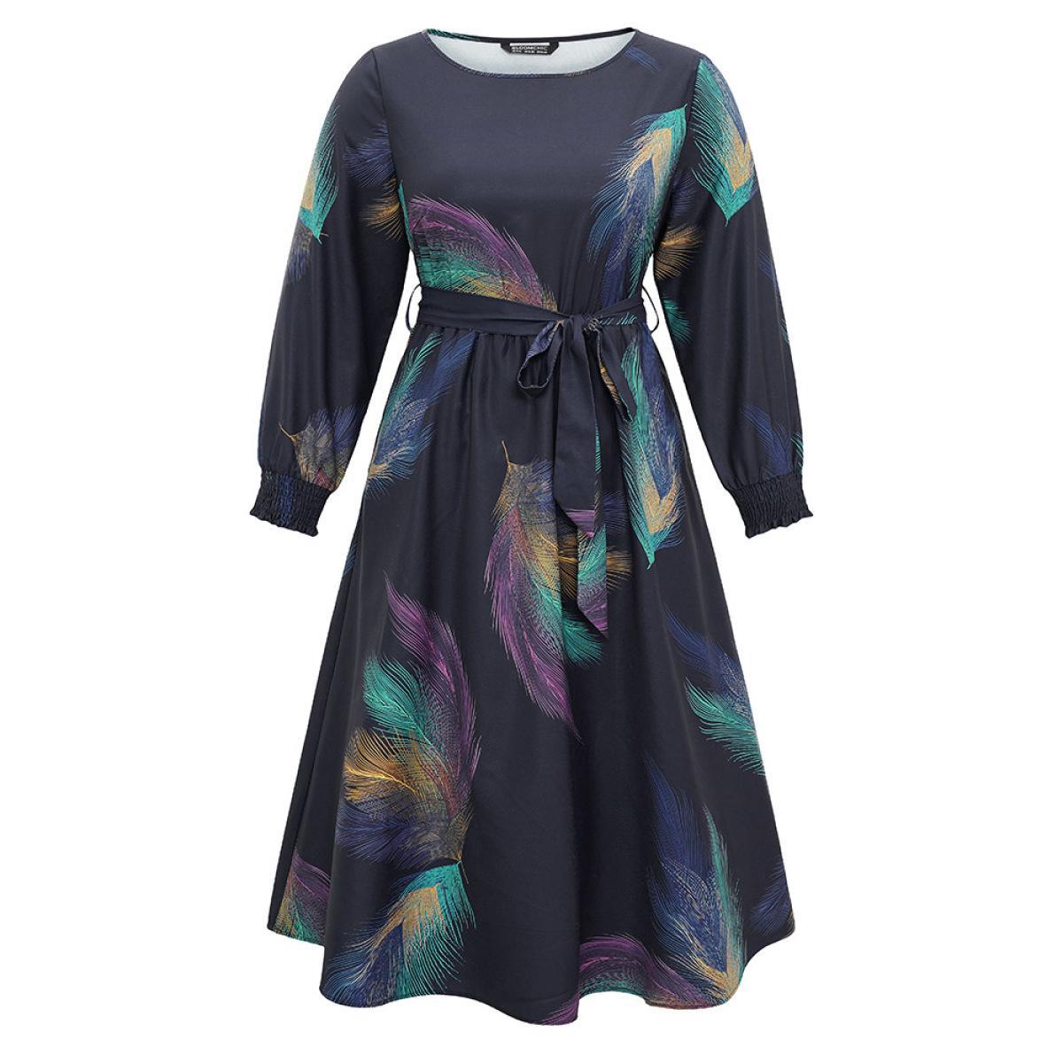 Plus Size Colored Feather Belted Shirred Cuffs Dress DarkBlue Women Elegant Belted Round Neck Long Sleeve Curvy Midi Dress BloomChic 26/4X Product Image
