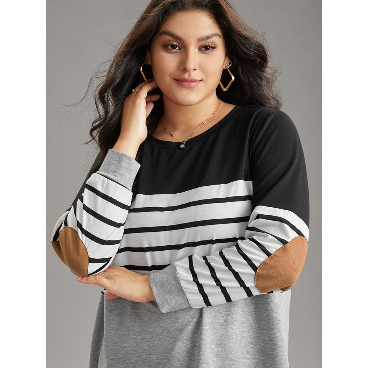 Plus Size Striped Patchwork Contrast Slight Crew Neck Sweatshirt Women Black Casual Contrast Round Neck Dailywear Sweatshirts BloomChic 10/M Product Image