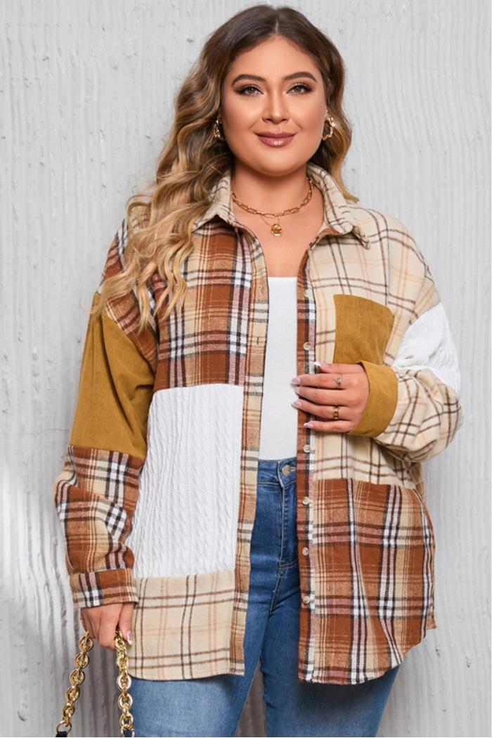Plaid Color Block Patchwork Shirt Jacket with Pocket Product Image