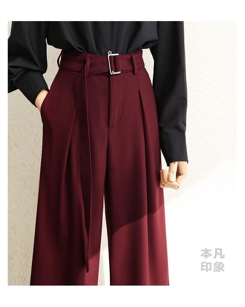 High Waist Plain Belted Wide Leg Dress Pants Product Image