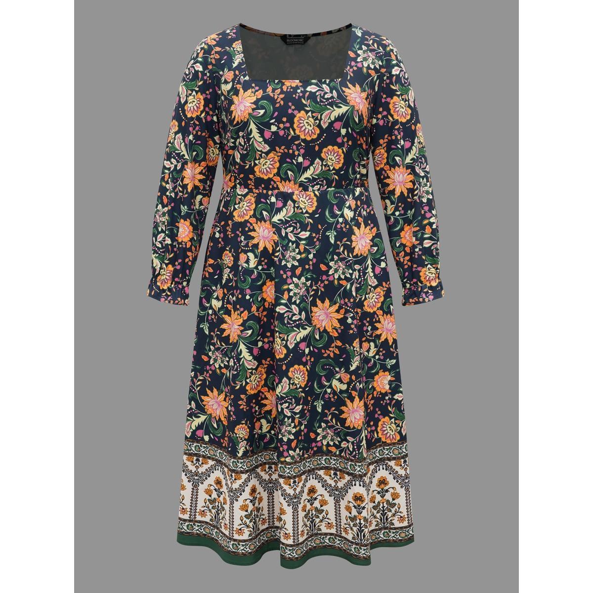 Plus Size Square Neck Floral Boho Print Midi Dress Black Women Resort Ruffles Square Neck Long Sleeve Curvy BloomChic 12/L Product Image
