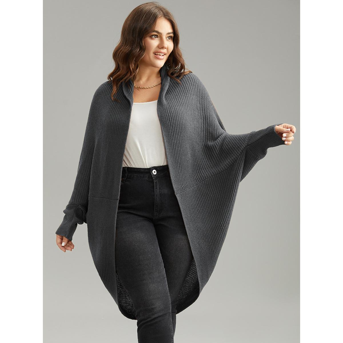 Plus Size Solid Dolman Sleeve Arc Hem Cardigan DimGray Women Casual Loose Long Sleeve Dailywear Cardigans BloomChic 28/5X Product Image