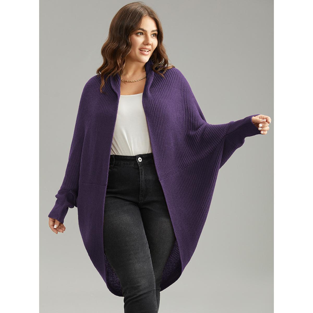 Plus Size Solid Dolman Sleeve Arc Hem Cardigan Eggplant Women Casual Loose Long Sleeve Dailywear Cardigans BloomChic 12/L Product Image