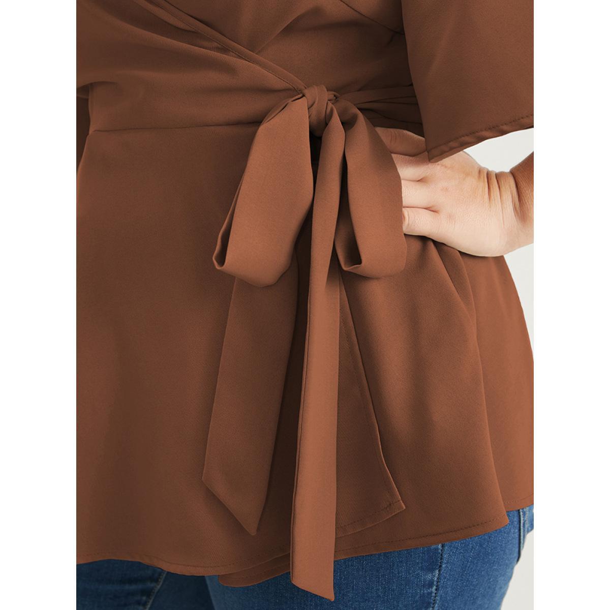 Plus Size Chocolate Plain Ruffles Button Belted Wrap Babydoll Blouse Women Elegant Short sleeve V-neck Dailywear Blouses BloomChic 12/L Product Image
