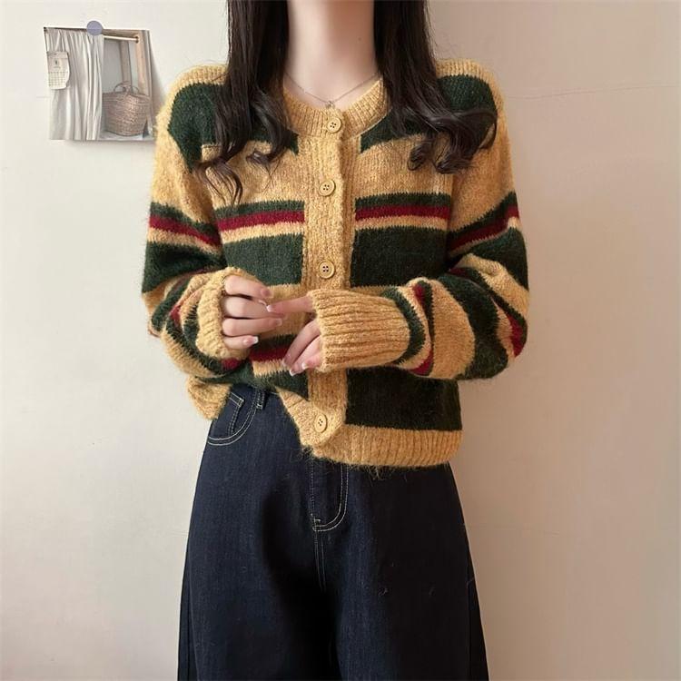 Round Neck Striped Cardigan Product Image
