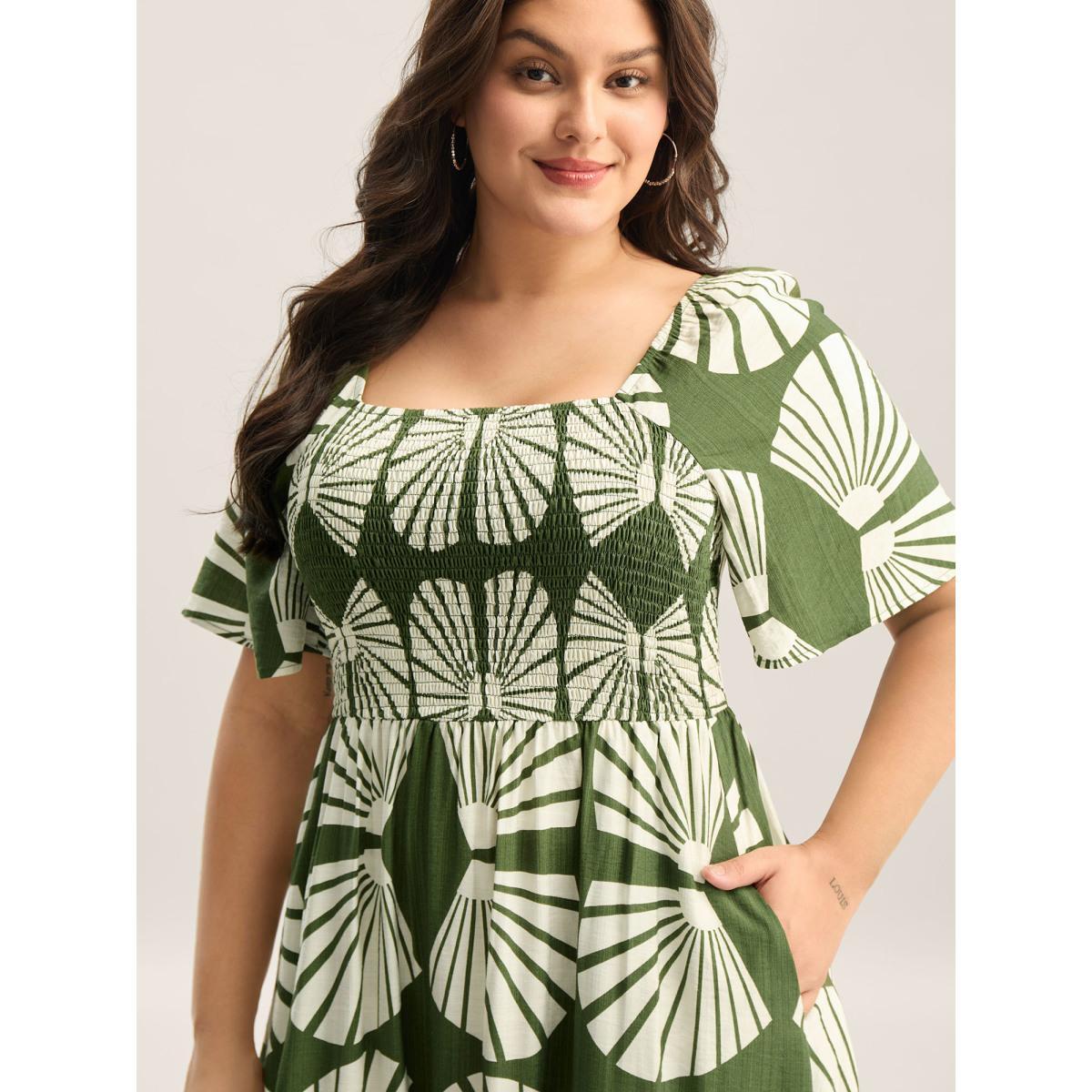 Plus Size Geometric Print Square Neck Cinched Midi Dress Moss Women Square Neck Short sleeve Curvy BloomChic 12/L Product Image